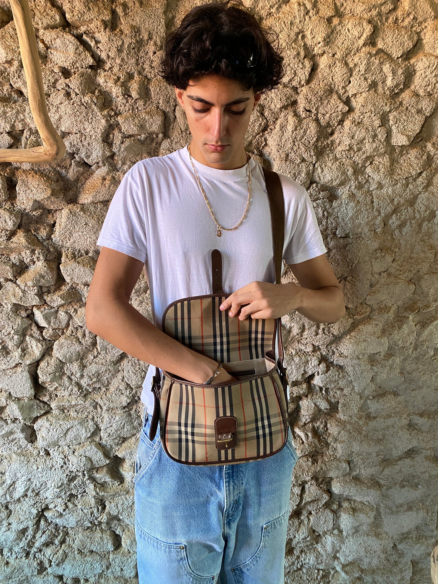 BURBERRYS LEATHER X CANVAS CROSSBODY BAG