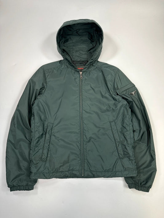 Prada Sport SS2016 Forest Green Triangle Nylon Padded Hooded Windbreaker Jacket