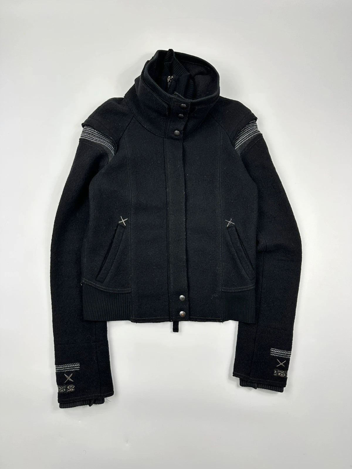 Marithé + François Girbaud 00s Black Wool Double High Neck Contrast Embroidery Jacket