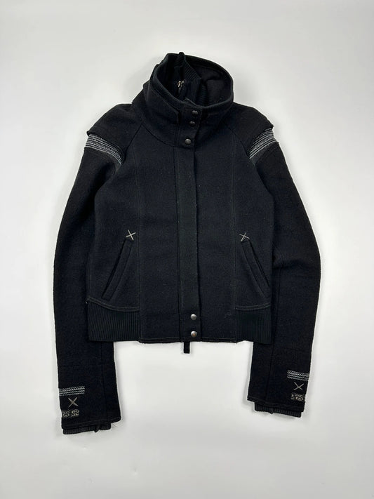 Marithé + François Girbaud 00s Black Wool Double High Neck Contrast Embroidery Jacket