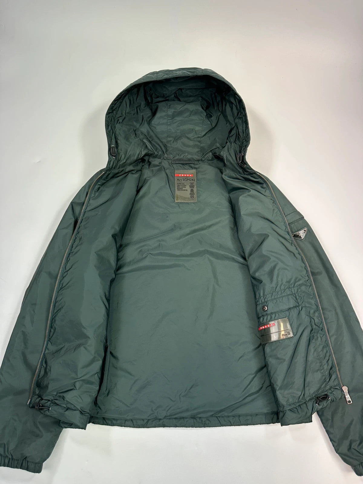 Prada Sport SS2016 Forest Green Triangle Nylon Padded Hooded Windbreaker Jacket