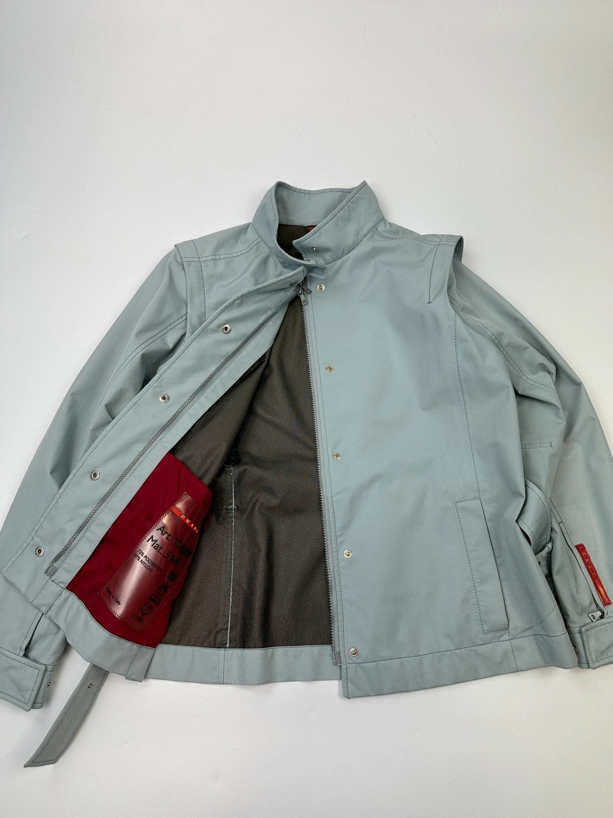 Prada Sport FW2000 Baby Blue Gore-Tex Nylon Belted Jacket With Removable Sleeves