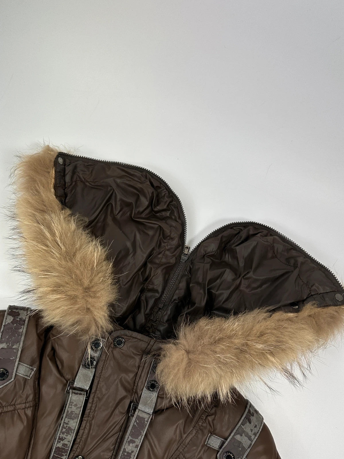 Dolce & Gabbana 00’s Brown Nylon Faux Fur Straps Bomber Hooded Puffer Jacket