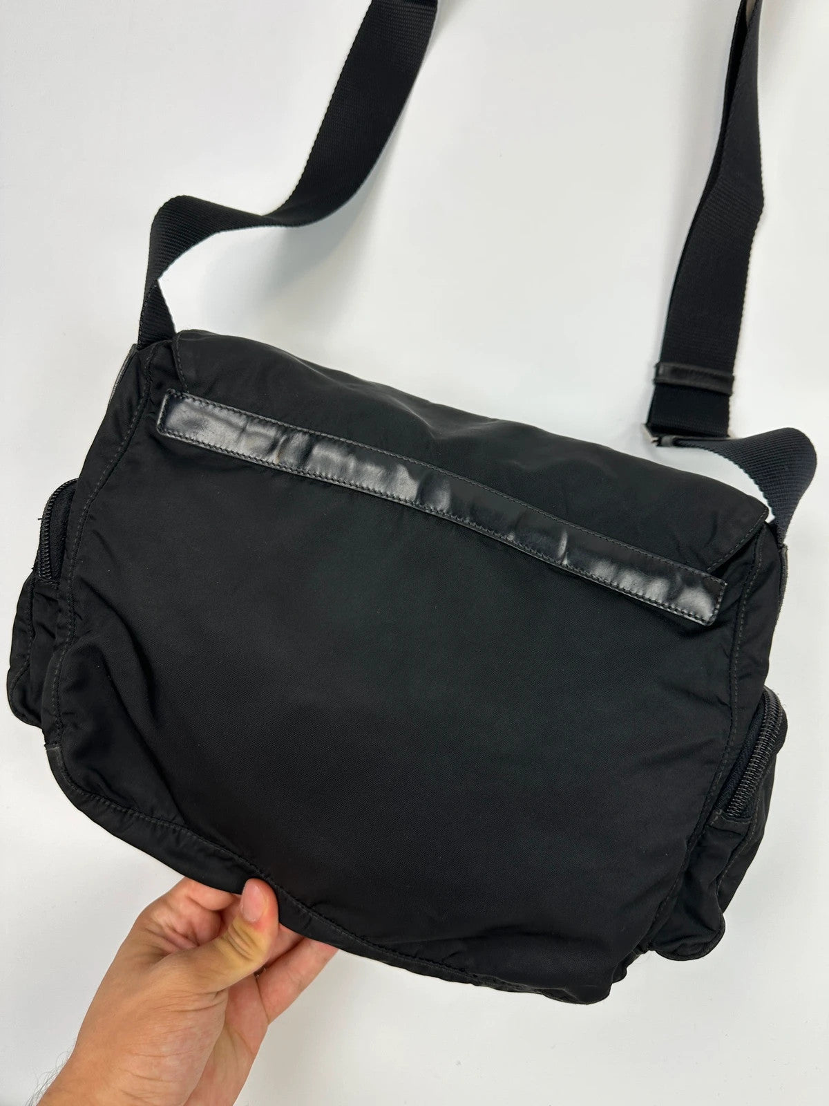 Prada Milano Black Nylon Messenger Cross Body Bag Side Zip Pockets