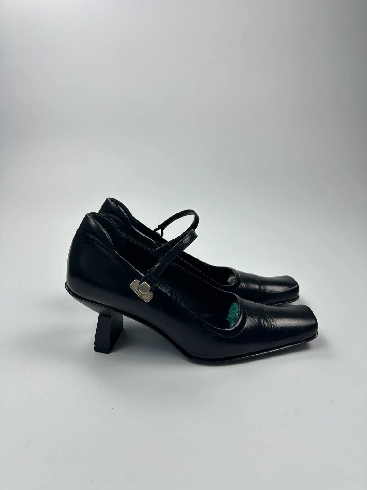 Prada Milano SS1998 Black Leather Mirror Heels Pumps Mary Jane