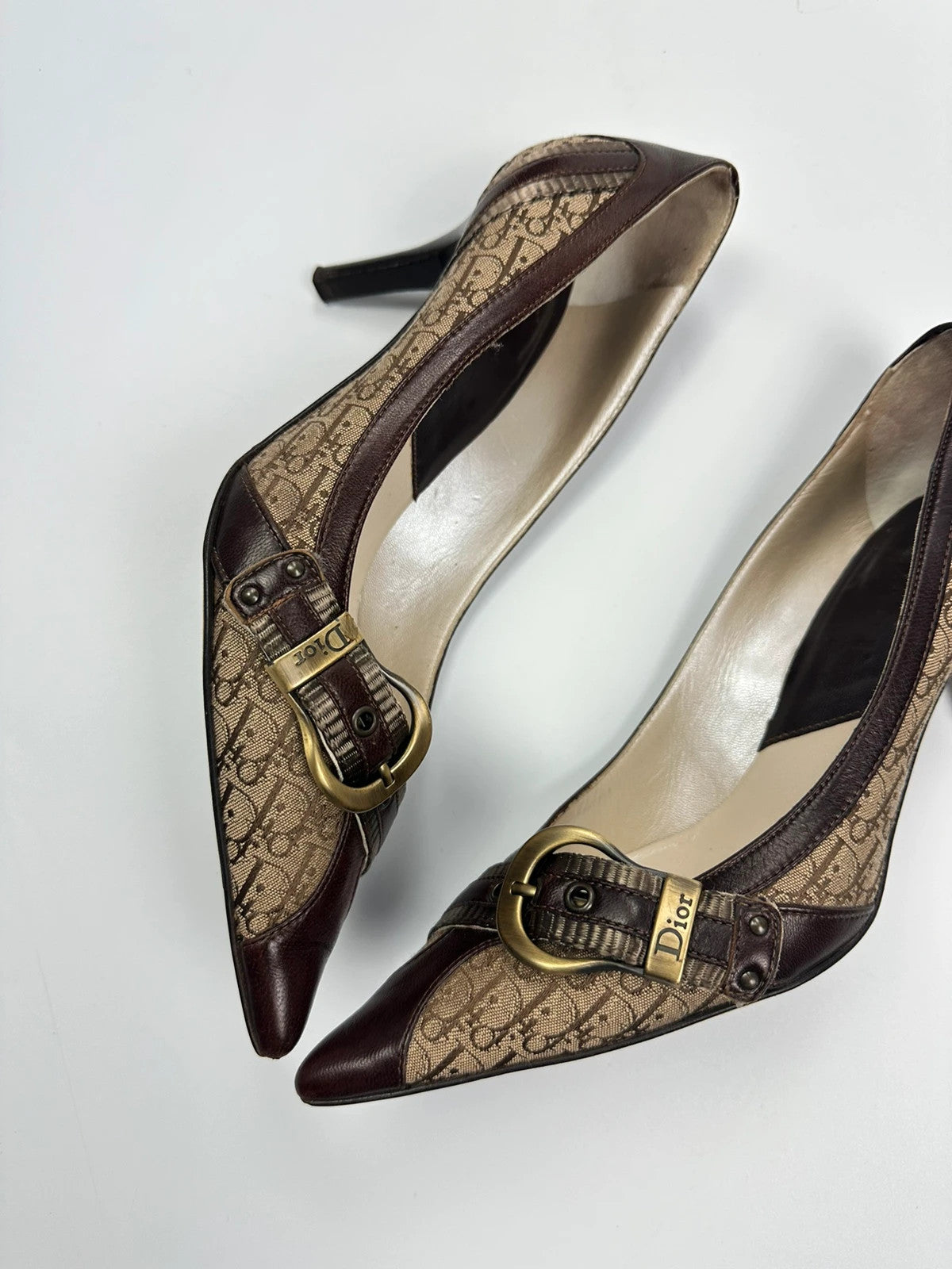 Vintage Dior Monogram Heels – Brown Leather with Gold Buckle