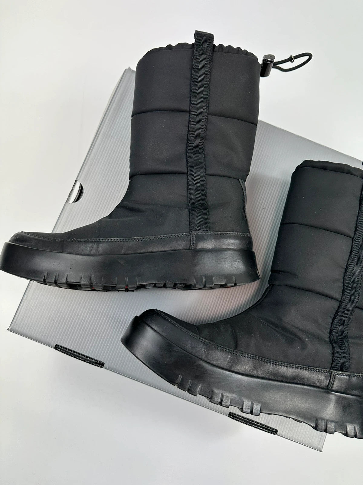 Prada black moon boots with chunky sole and polar lining, vintage FW1999 collection.