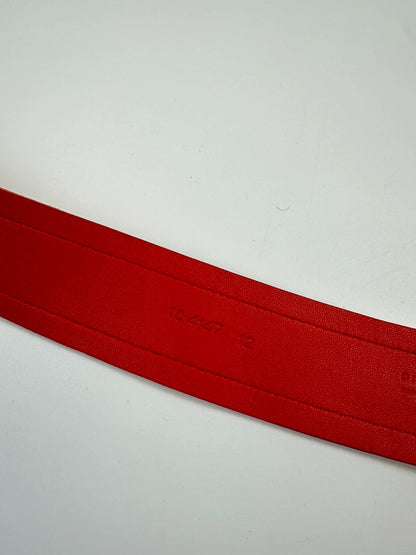 Prada burgundy leather belt with large rose gold buckle, vintage 2010 collection.