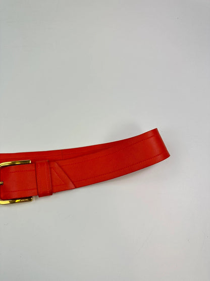 Prada burgundy leather belt with large rose gold buckle, vintage 2010 collection.