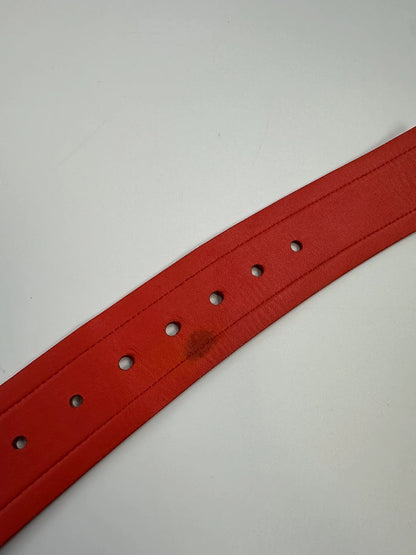 Prada burgundy leather belt with large rose gold buckle, vintage 2010 collection.
