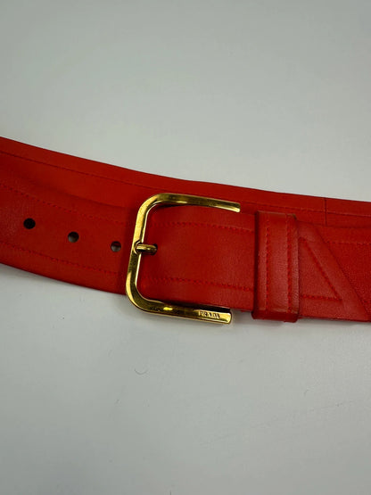 Prada burgundy leather belt with large rose gold buckle, vintage 2010 collection.