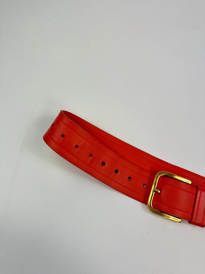Prada burgundy leather belt with large rose gold buckle, vintage 2010 collection.