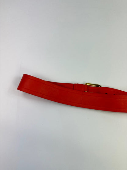 Prada burgundy leather belt with large rose gold buckle, vintage 2010 collection.