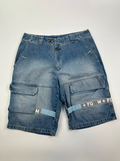 Marithé Francois Girbaud blue baggy denim shorts with cargo pockets and adjustable scratch detail.