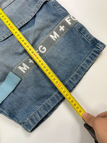 Marithé Francois Girbaud blue baggy denim shorts with cargo pockets and adjustable scratch detail.