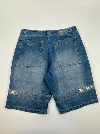 Marithé Francois Girbaud blue baggy denim shorts with cargo pockets and adjustable scratch detail.