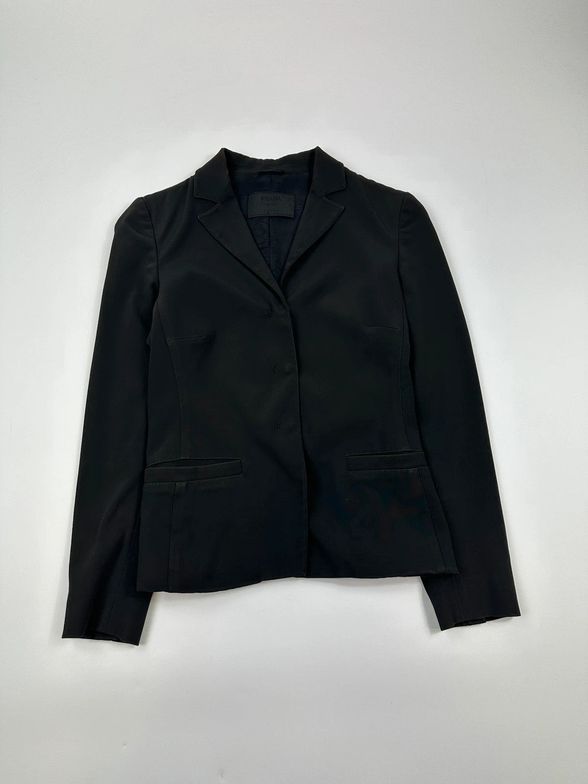 Prada black blazer jacket, 1998 collection, minimalist design, subtle wear, size 40IT.
