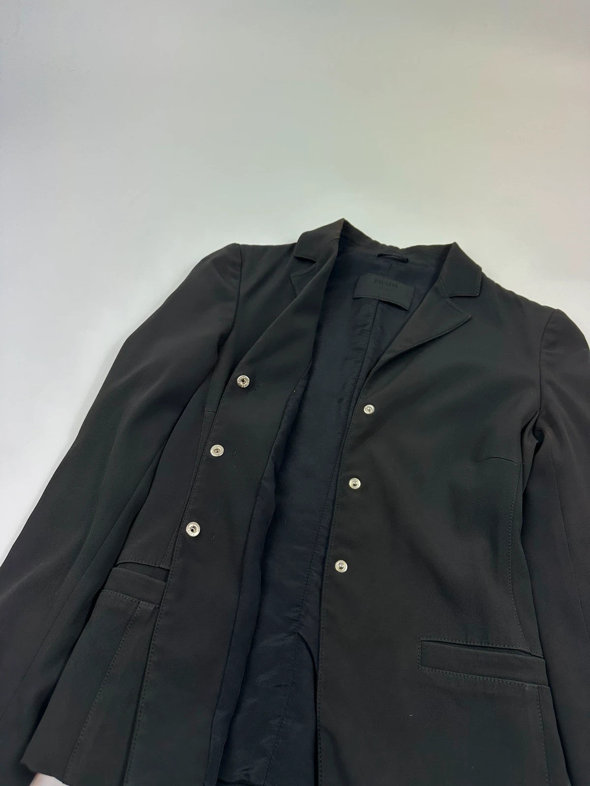 Prada black blazer jacket, 1998 collection, minimalist design, subtle wear, size 40IT.