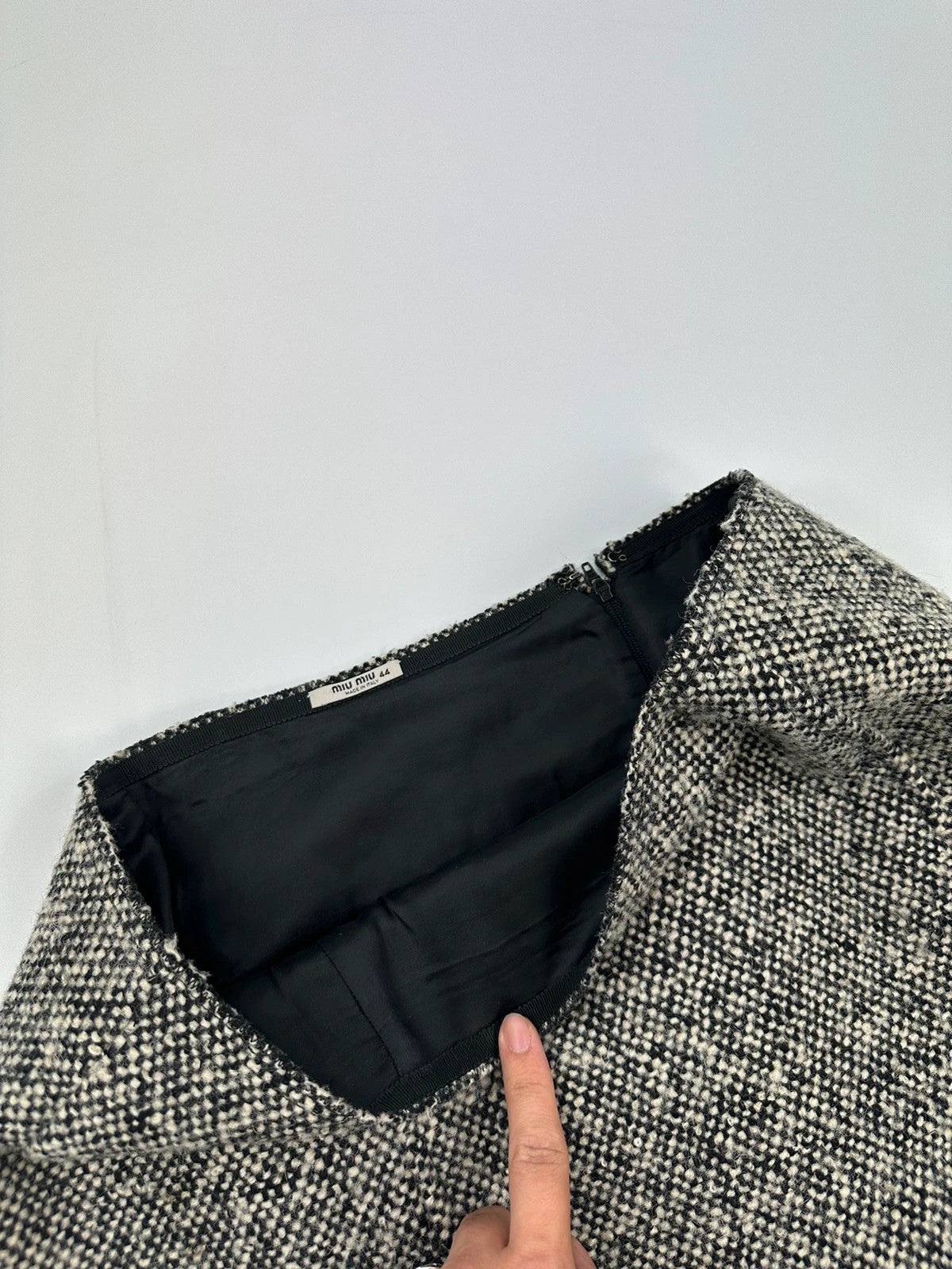 Miu Miu grey tweed skirt with strass spikes and nail details, size 44IT.
