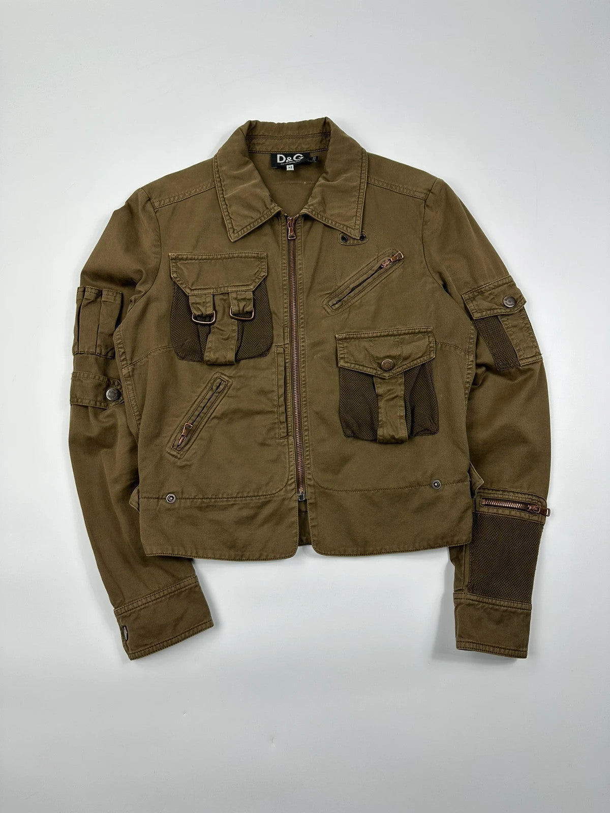 Dolce & Gabbana khaki crop jacket with army mesh pockets and logo detail.