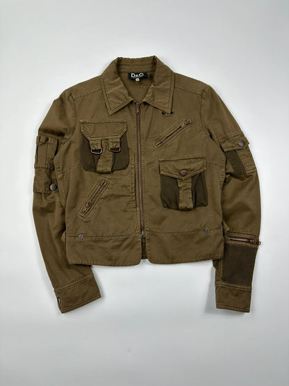 Dolce & Gabbana khaki crop jacket with army mesh pockets and logo detail.