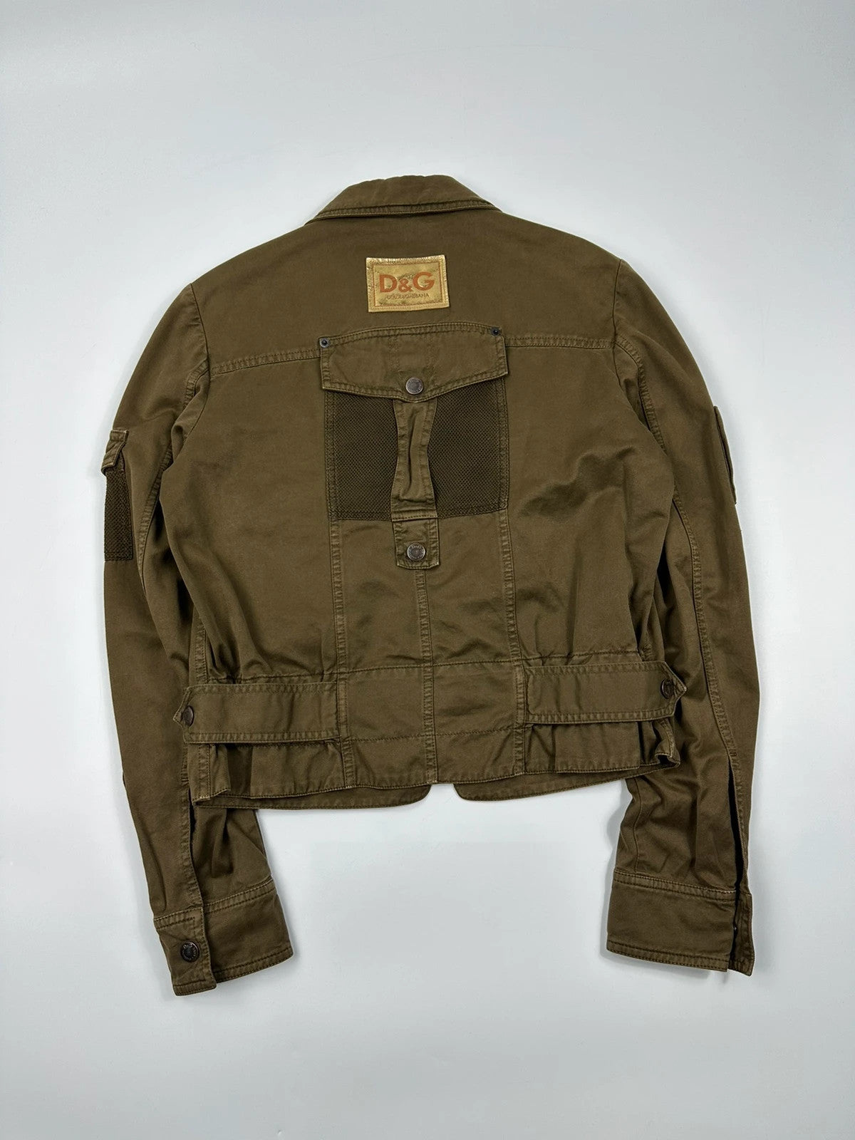Dolce & Gabbana khaki crop jacket with army mesh pockets and logo detail.