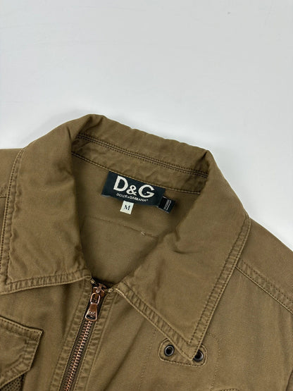 Dolce & Gabbana khaki crop jacket with army mesh pockets and logo detail.