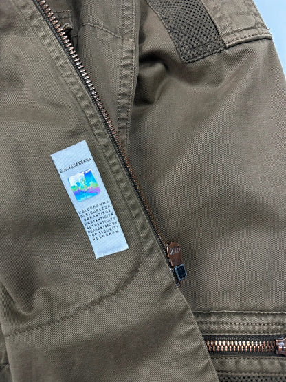Dolce & Gabbana khaki crop jacket with army mesh pockets and logo detail.