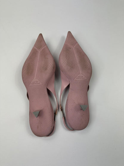 Prada pink leather heels with pointed toe and logo detail from SS2021 collection.