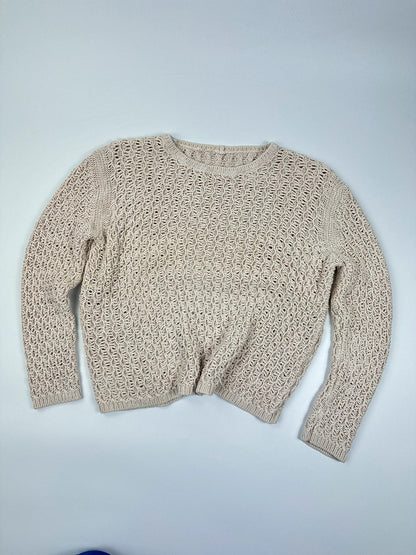 Prada beige silk knit sweater with intricate openwork design and subtle sheen.