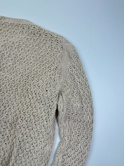 Prada beige silk knit sweater with intricate openwork design and subtle sheen.
