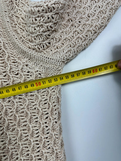 Prada beige silk knit sweater with intricate openwork design and subtle sheen.