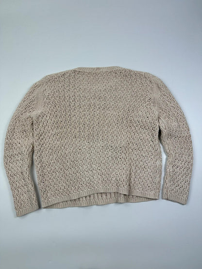 Prada beige silk knit sweater with intricate openwork design and subtle sheen.