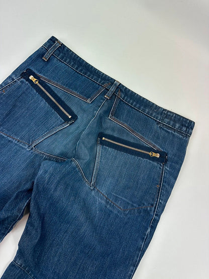 Marithé François Girbaud blue baggy jeans with wide legs and vintage 90s style.