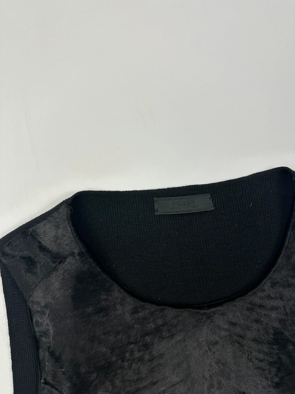 Prada black wool fur tank top, minimalist design, vintage 1999 collection.