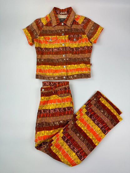 Jean-Paul Gaultier orange red monogram short sleeve shirt and denim pants set.