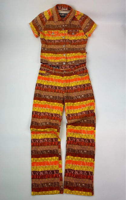 Jean-Paul Gaultier orange red monogram short sleeve shirt and denim pants set.