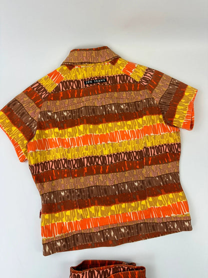 Jean-Paul Gaultier orange red monogram short sleeve shirt and denim pants set.