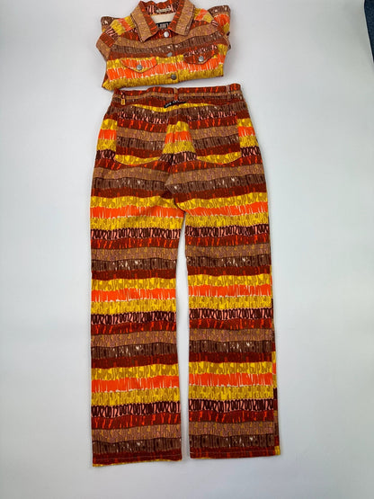 Jean-Paul Gaultier orange red monogram short sleeve shirt and denim pants set.