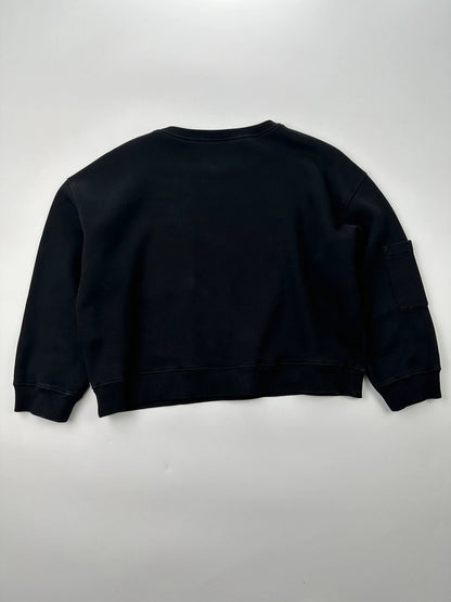 Prada black crop sweater with front pockets and logo detail, boxy fit.