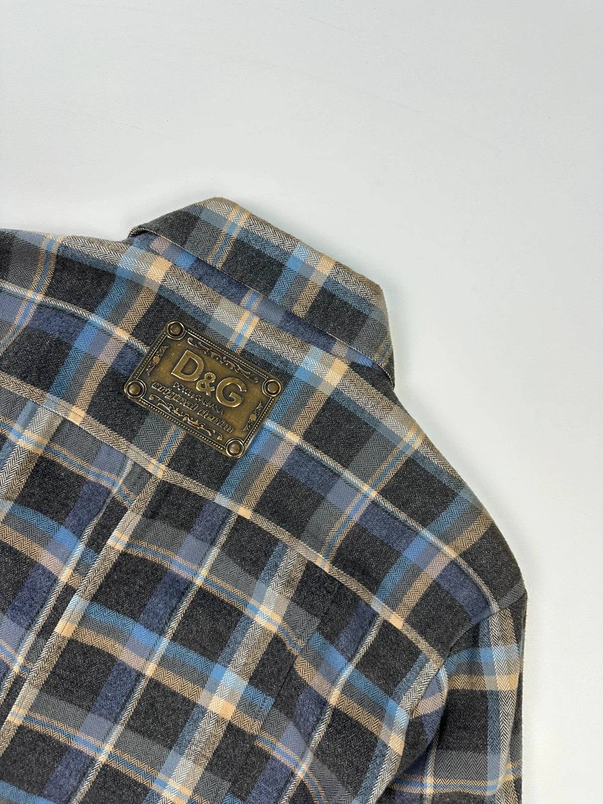 Dolce & Gabbana blue and grey checked flannel shirt with cargo pockets and long sleeves.