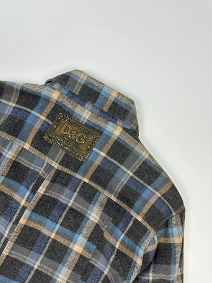 Dolce & Gabbana blue and grey checked flannel shirt with cargo pockets and long sleeves.