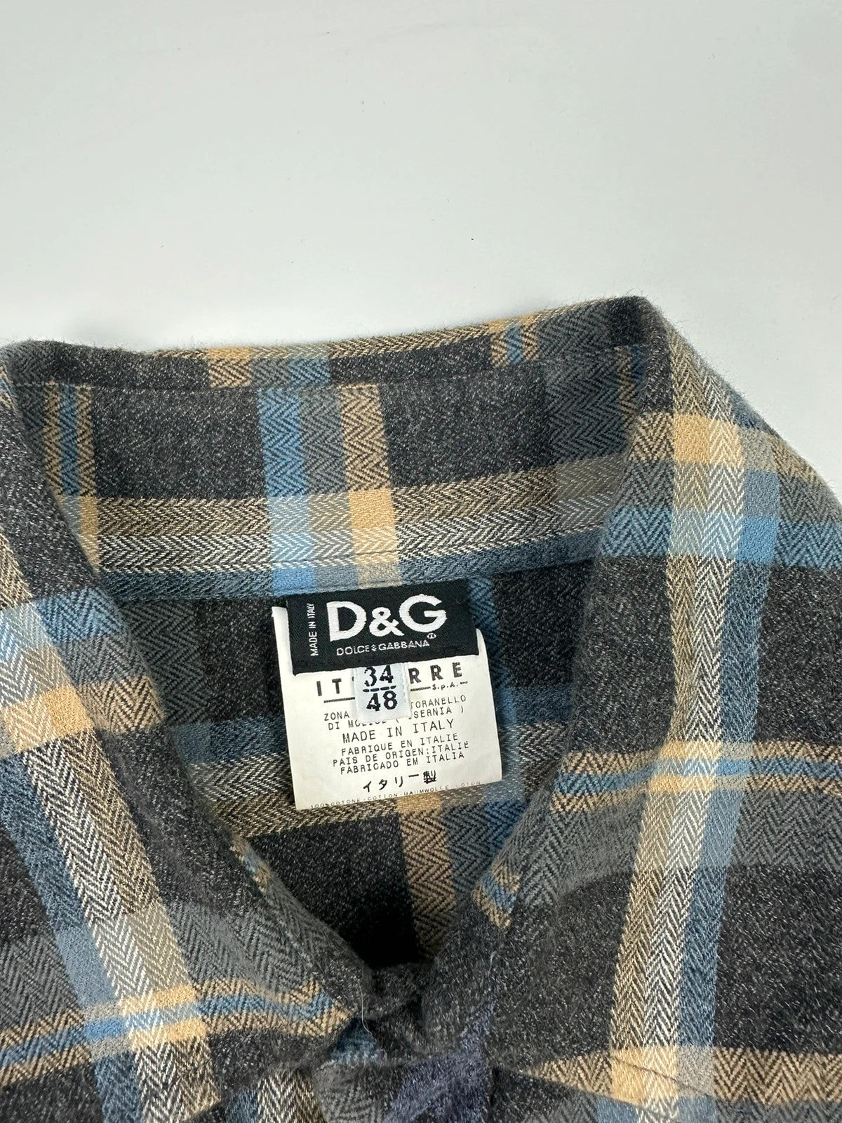 Dolce & Gabbana blue and grey checked flannel shirt with cargo pockets and long sleeves.