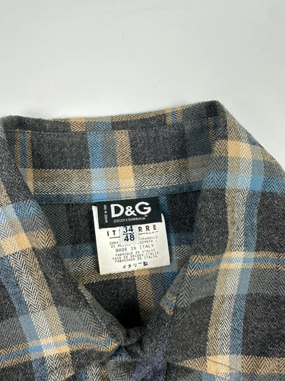Dolce & Gabbana blue and grey checked flannel shirt with cargo pockets and long sleeves.