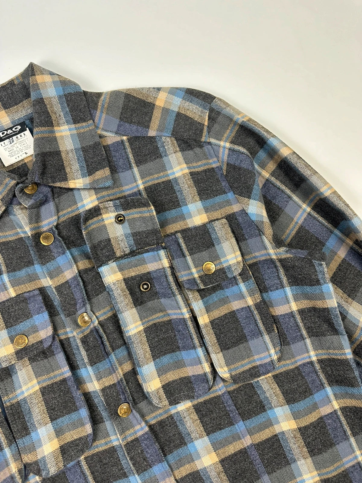 Dolce & Gabbana blue and grey checked flannel shirt with cargo pockets and long sleeves.