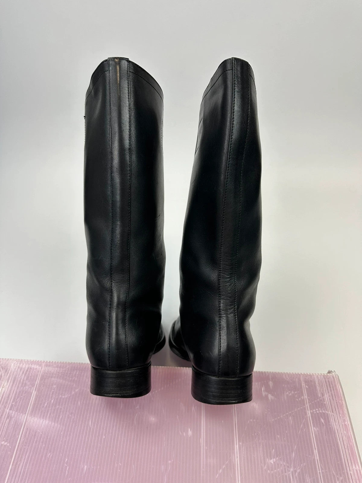 Miu Miu black leather high boots with square toe and logo detail, vintage 2001.