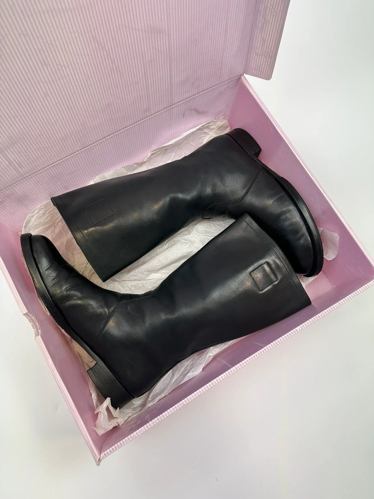 Miu Miu black leather high boots with square toe and logo detail, vintage 2001.