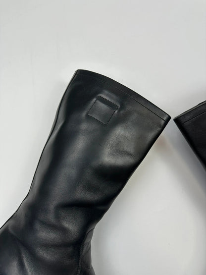Miu Miu black leather high boots with square toe and logo detail, vintage 2001.