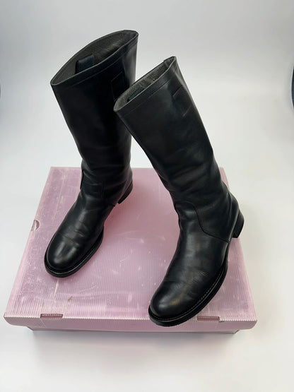 Miu Miu black leather high boots with square toe and logo detail, vintage 2001.