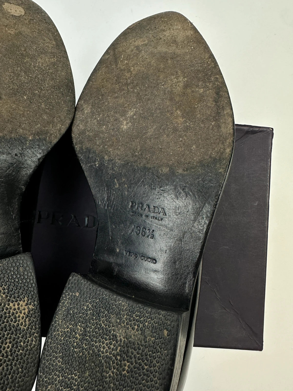 Prada black patent leather loafers with pointy toe and vintage 90's design.